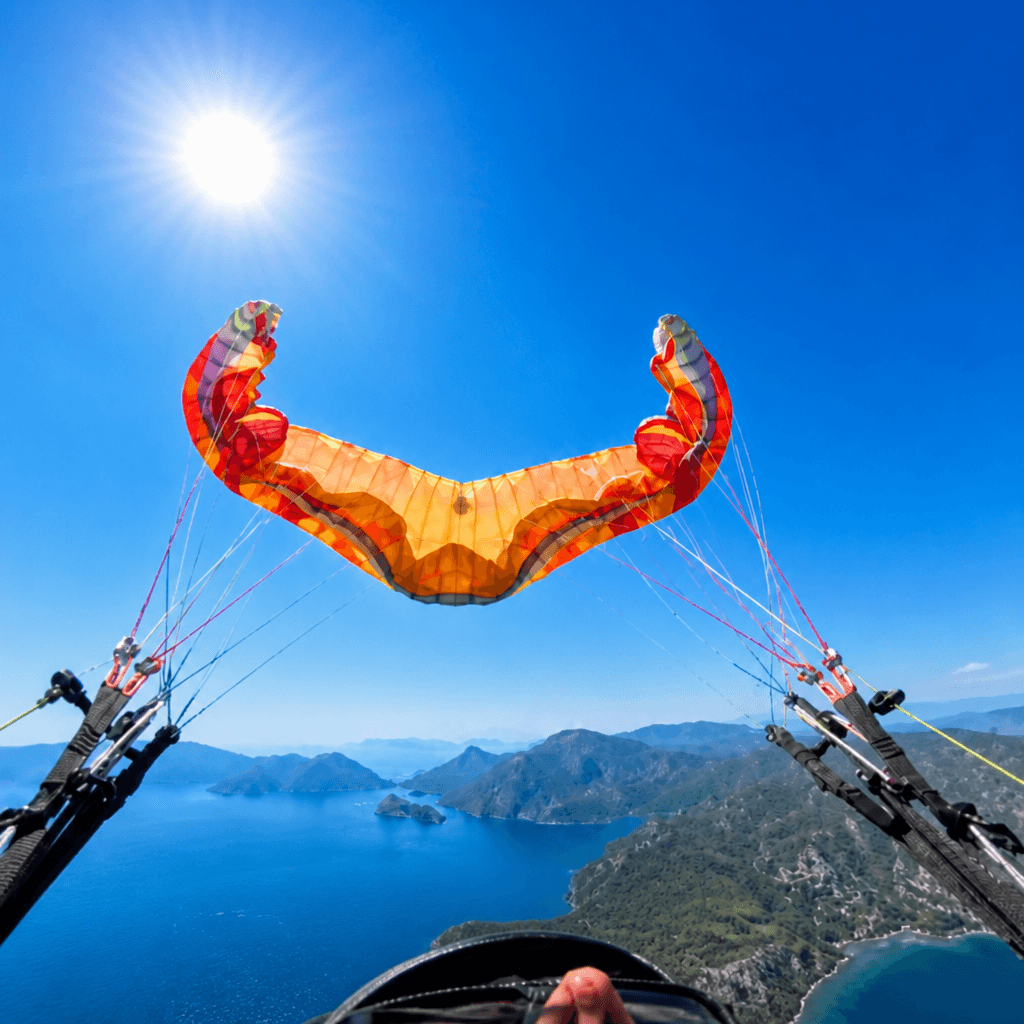 POV paragliding over turquoise bay — Turkey SIV